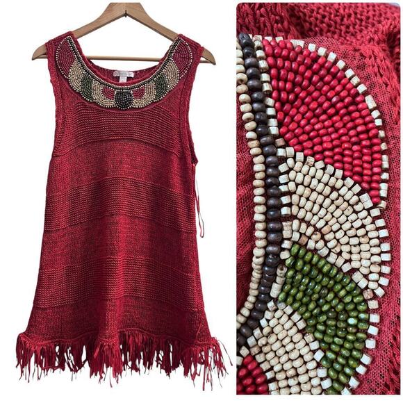 CB Established 1962 Dresses & Skirts - Crochet Open Knit Beaded Embellished Fringe Trim Tunic Micro Mini Dress Large
